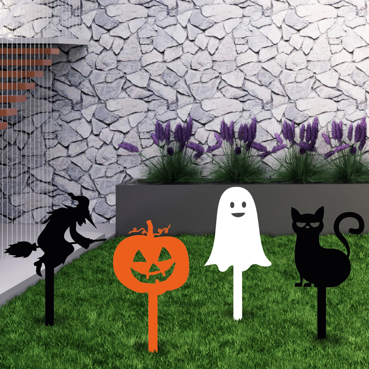 Halloween-themed metal garden figures for spooky yard decorations with witch, pumpkin, ghost, and cat.