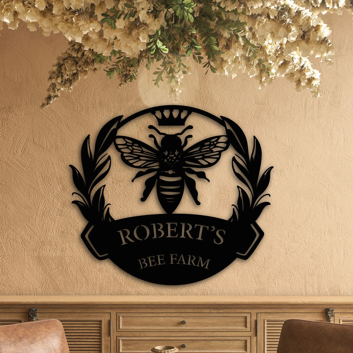 Queen Bee Farmstead Sign - customizable metal decor for indoor and outdoor garden displays.