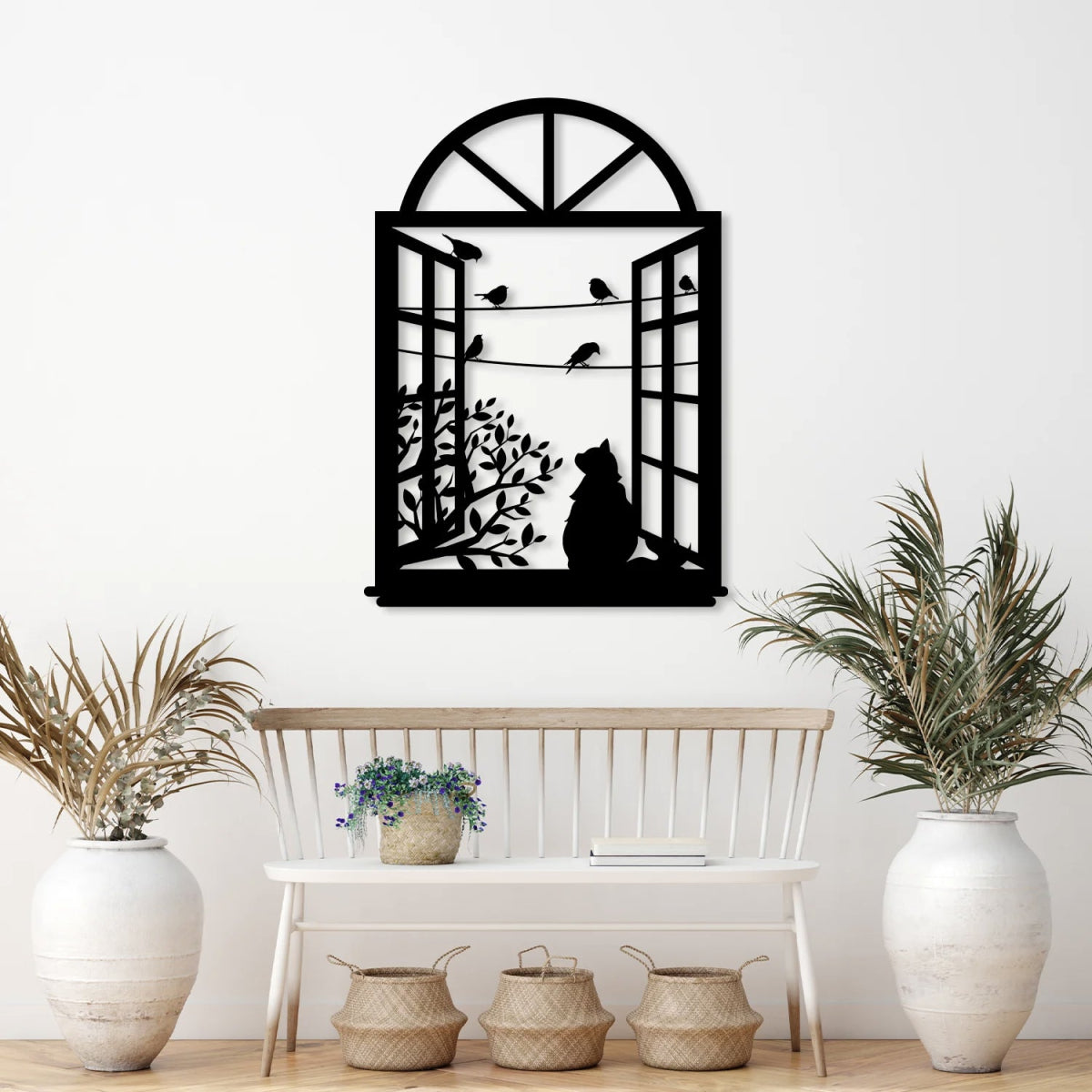 Birds and Cat Metal Wall Art in Window - BrossHome Metal Wall Art