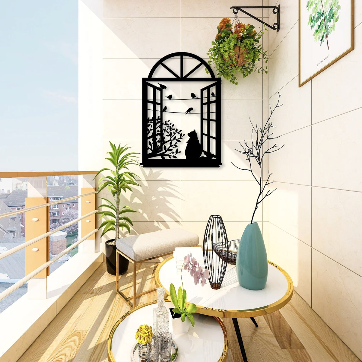 Birds and Cat Metal Wall Art in Window - BrossHome Metal Wall Art