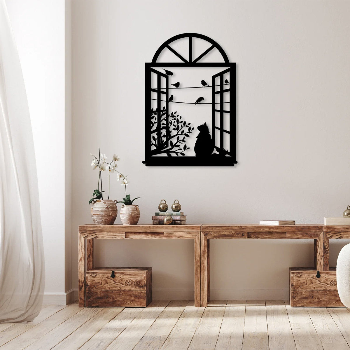 Birds and Cat Metal Wall Art in Window - BrossHome Metal Wall Art