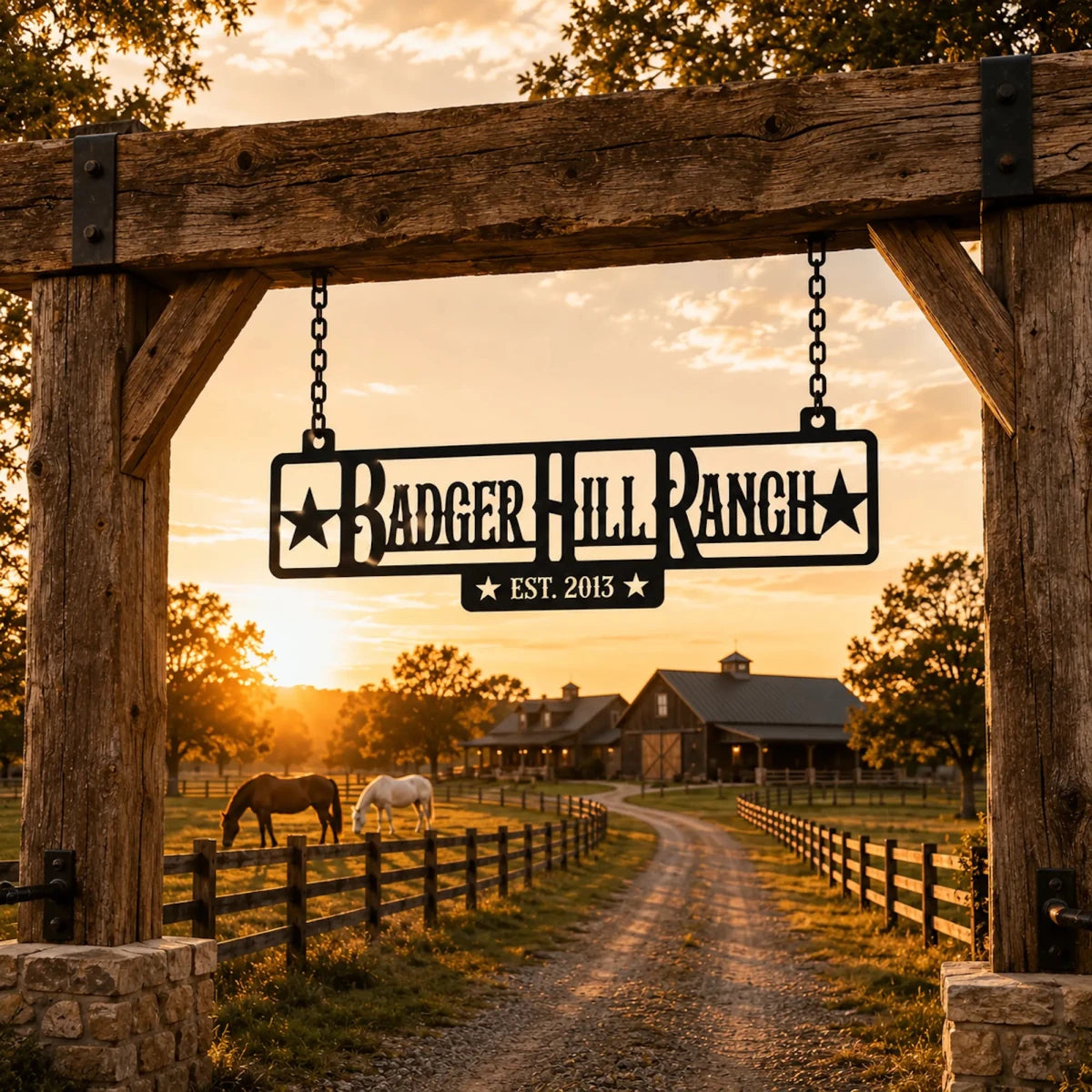 Custom Hanging Ranch Sign - Personalized Metal Outdoor Entrance Plaque with Chains - BrossHome Metal Wall Art