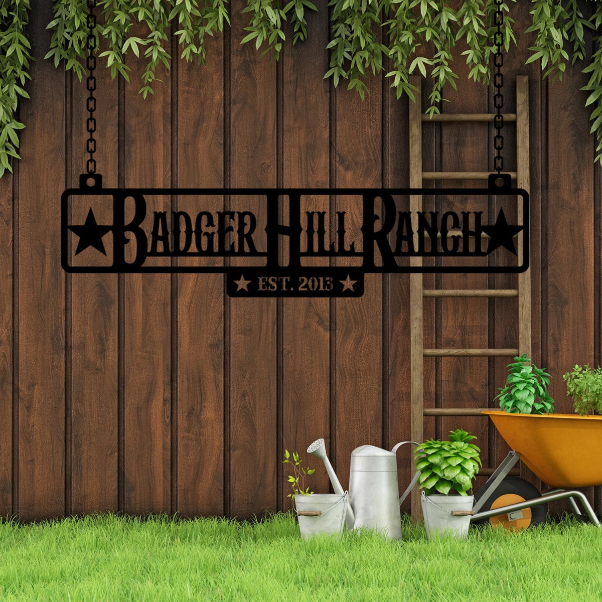Custom Hanging Ranch Sign - Personalized Metal Outdoor Entrance Plaque with Chains - BrossHome Metal Wall Art