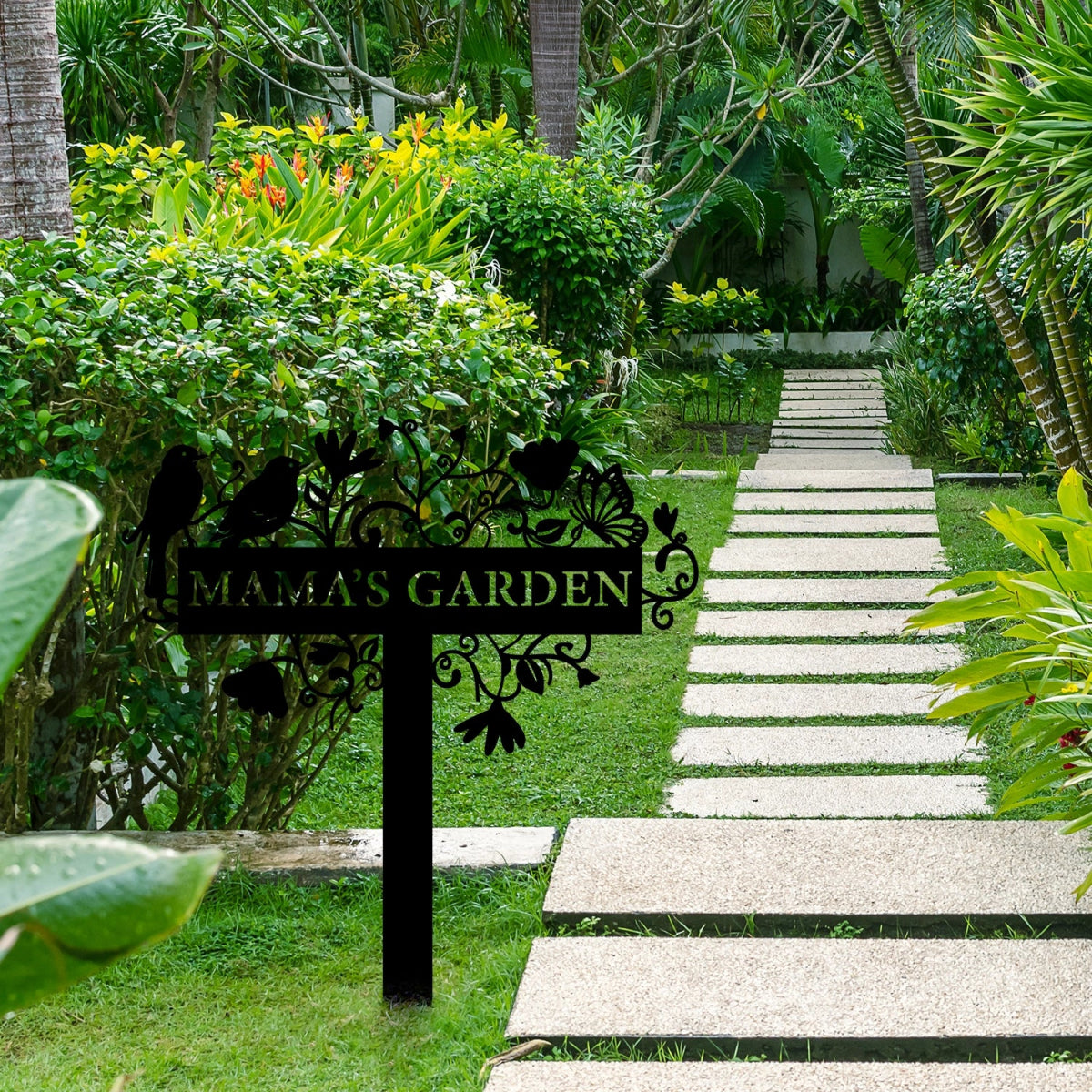 Custom Metal Garden Sign Stake - Ornamental Bird and Floral Design for Outdoor Decoration - BrossHome Metal Wall Art
