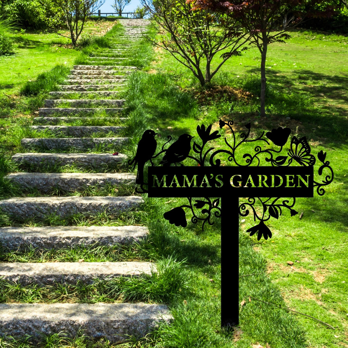 Custom Metal Garden Sign Stake - Ornamental Bird and Floral Design for Outdoor Decoration - BrossHome Metal Wall Art