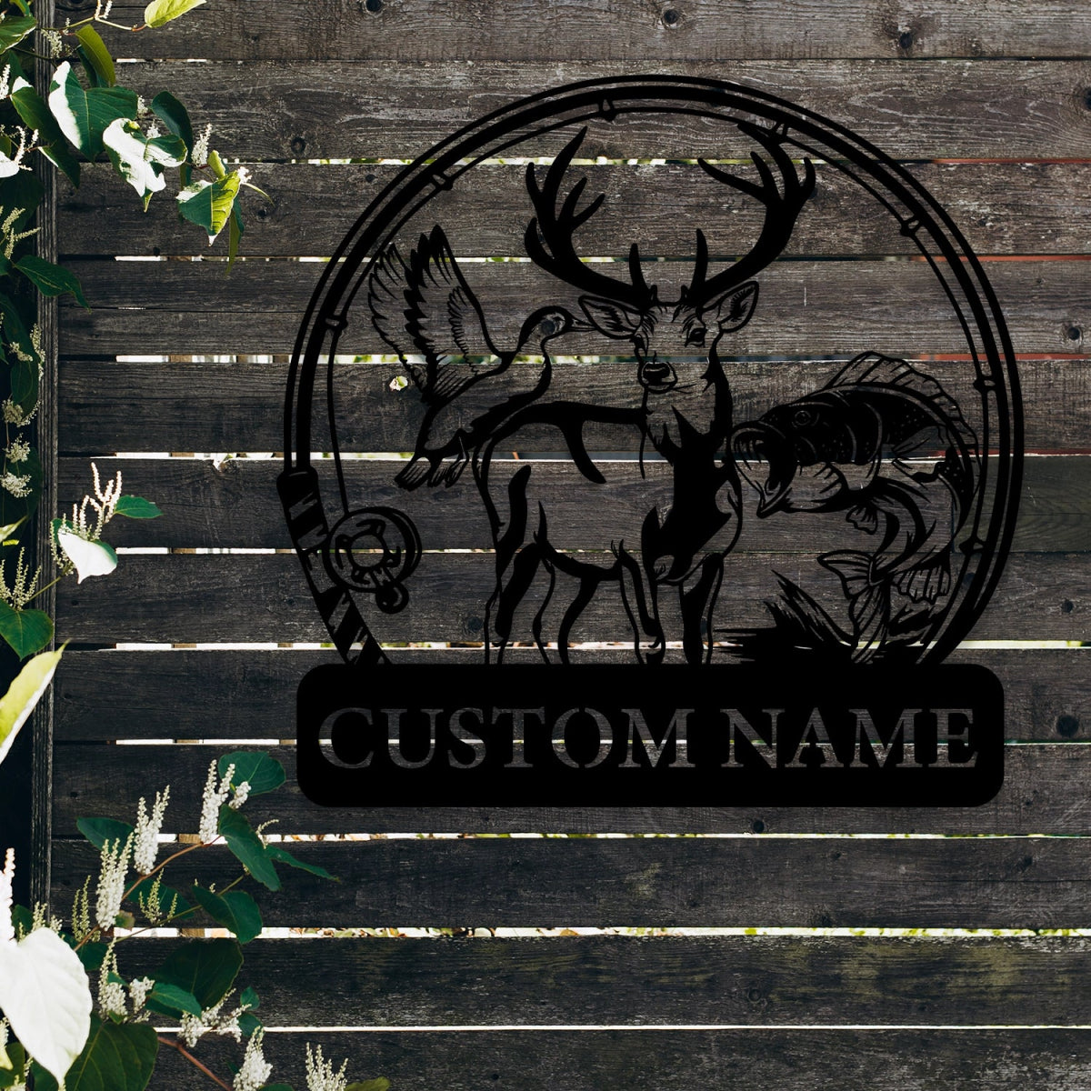 Custom Metal Wall Art Decor - Deer and Fish Outdoor Design with Personalized Name Plate - BrossHome Metal Wall Art