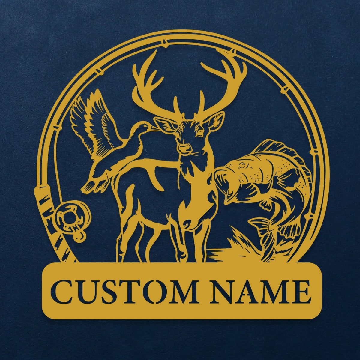 Custom Metal Wall Art Decor - Deer and Fish Outdoor Design with Personalized Name Plate - BrossHome Metal Wall Art