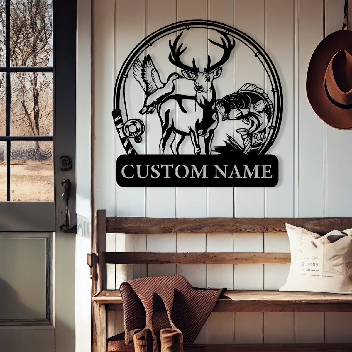 Custom Metal Wall Art Decor - Deer and Fish Outdoor Design with Personalized Name Plate - BrossHome Metal Wall Art