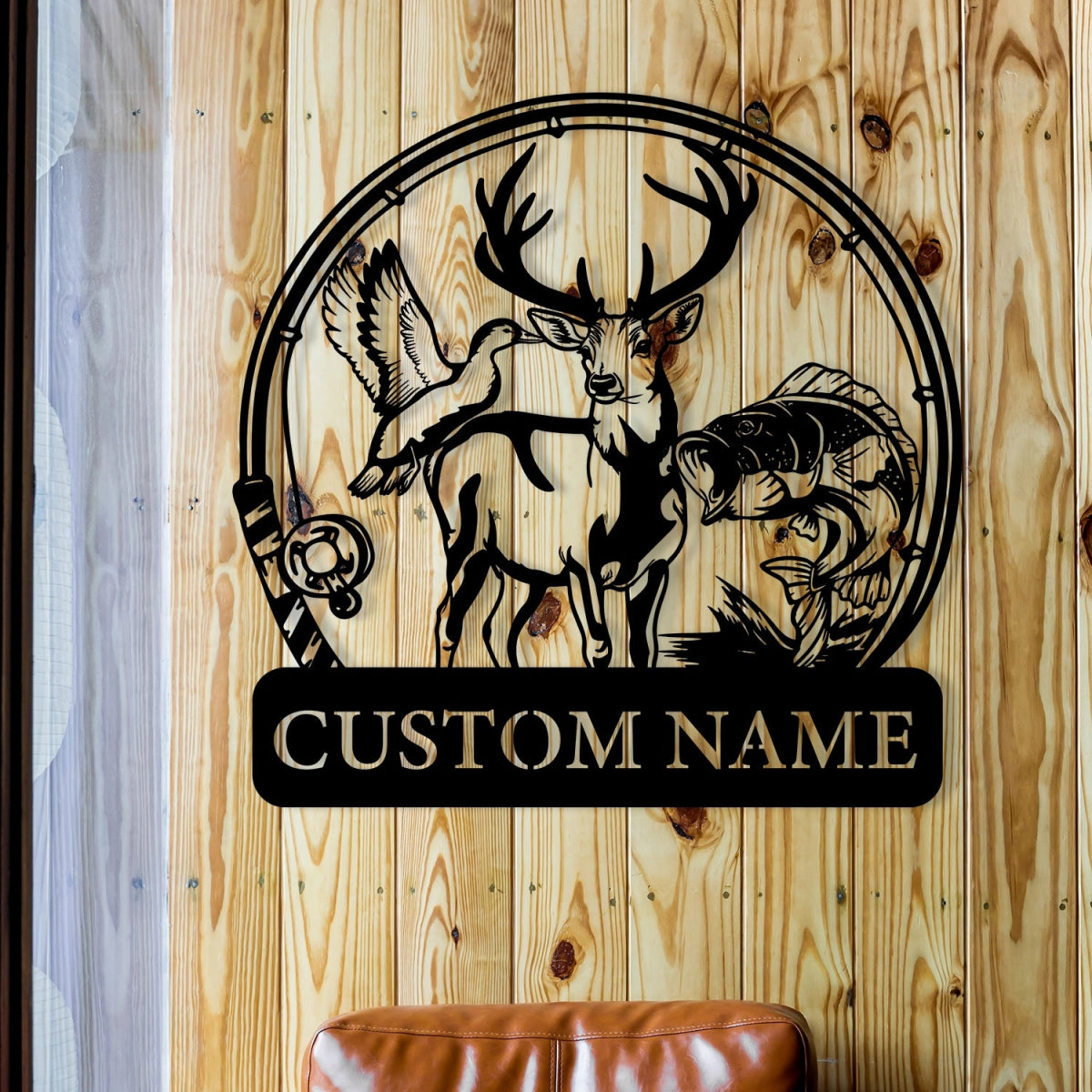 Custom Metal Wall Art Decor - Deer and Fish Outdoor Design with Personalized Name Plate - BrossHome Metal Wall Art