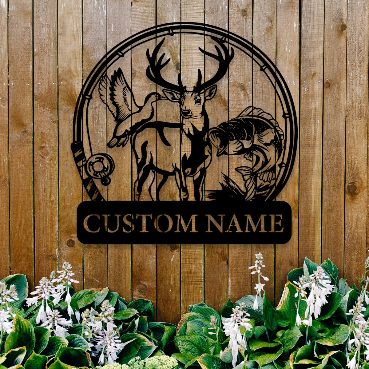 Custom Metal Wall Art Decor - Deer and Fish Outdoor Design with Personalized Name Plate - BrossHome Metal Wall Art