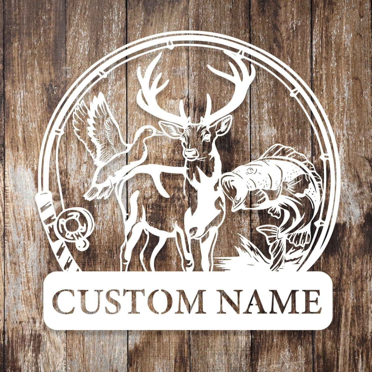 Custom Metal Wall Art Decor - Deer and Fish Outdoor Design with Personalized Name Plate - BrossHome Metal Wall Art