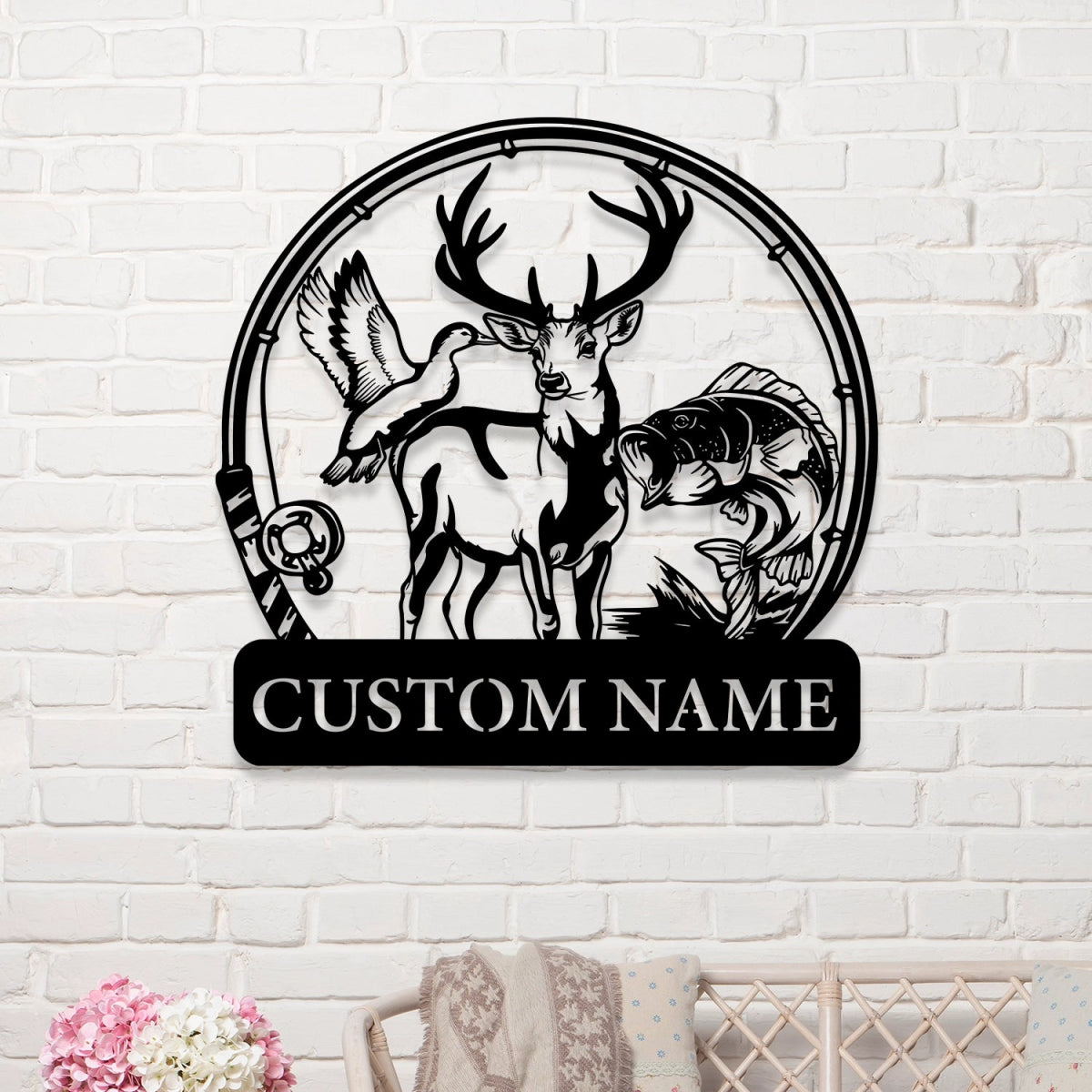 Custom Metal Wall Art Decor - Deer and Fish Outdoor Design with Personalized Name Plate - BrossHome Metal Wall Art
