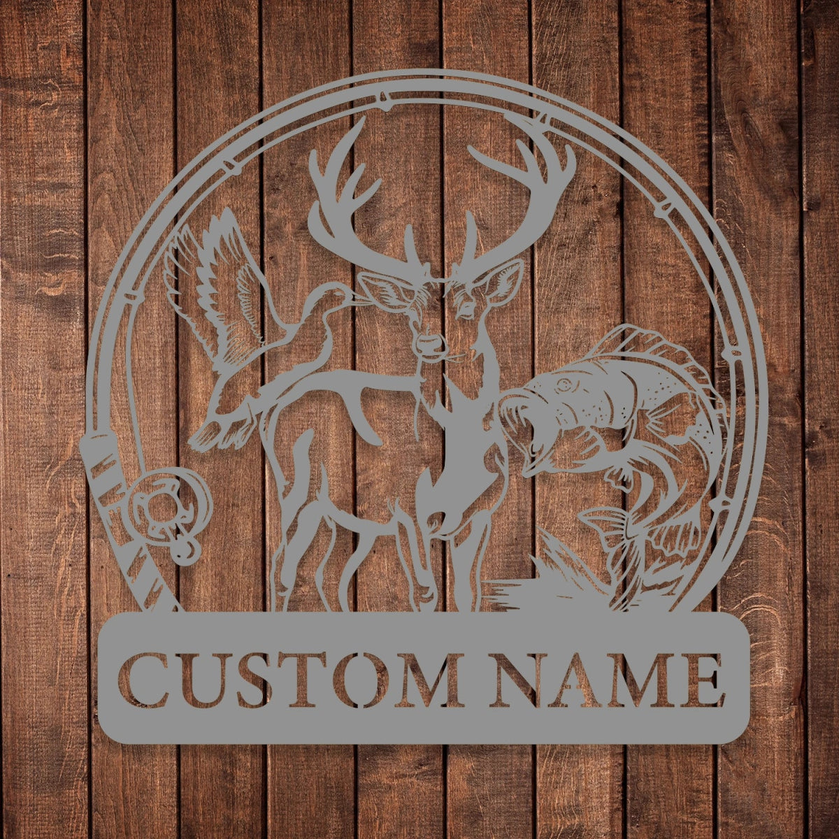 Custom Metal Wall Art Decor - Deer and Fish Outdoor Design with Personalized Name Plate - BrossHome Metal Wall Art