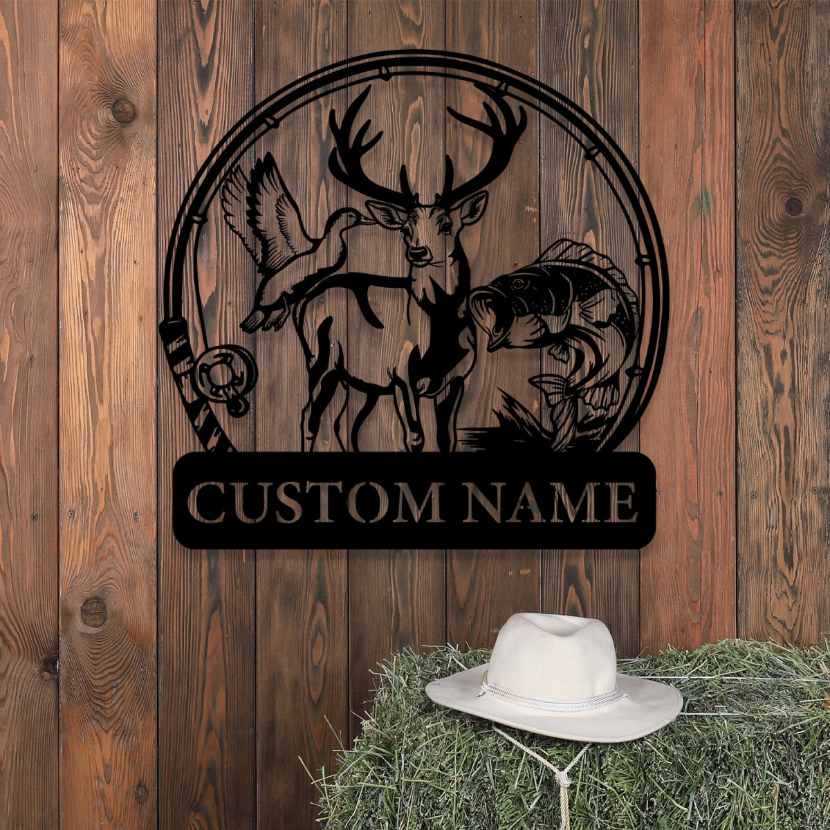 Custom Metal Wall Art Decor - Deer and Fish Outdoor Design with Personalized Name Plate - BrossHome Metal Wall Art