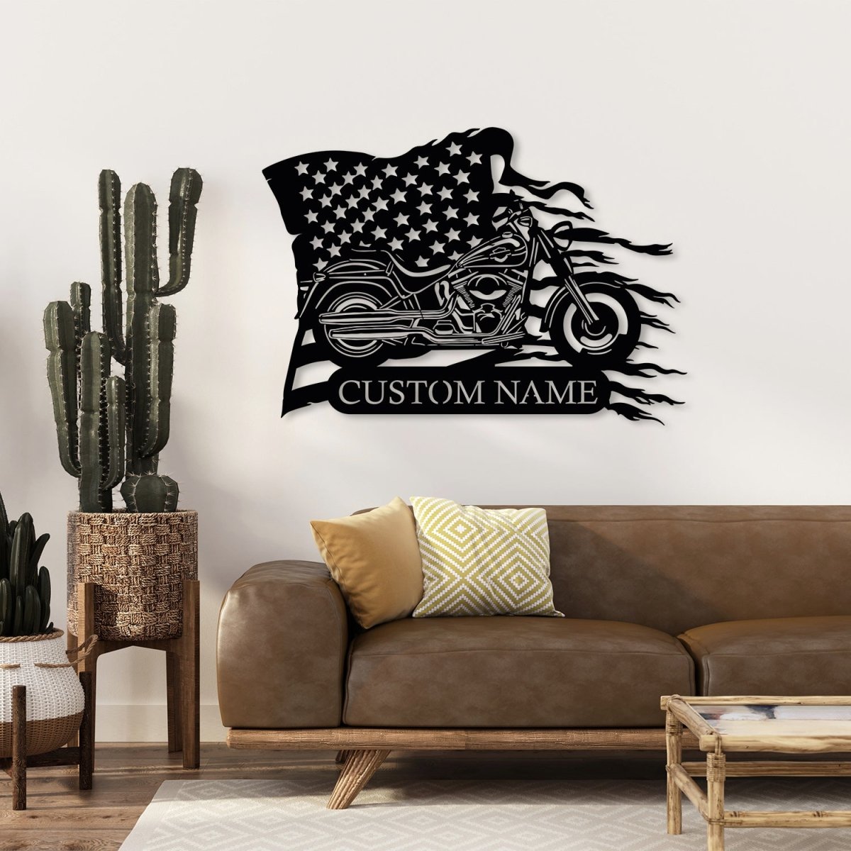 Custom Motorcycle Metal With US Flag Wall Art - BrossHome Metal Wall Art