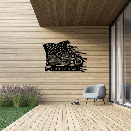 Custom Motorcycle Metal With US Flag Wall Art - BrossHome Metal Wall Art