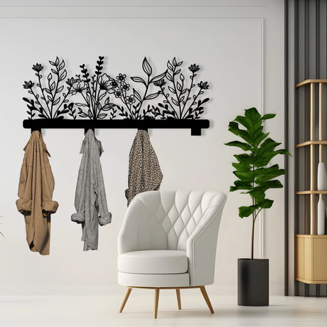 Floral Elegance Metal Wall Coat Rack - BrossHome Metal Wall Art