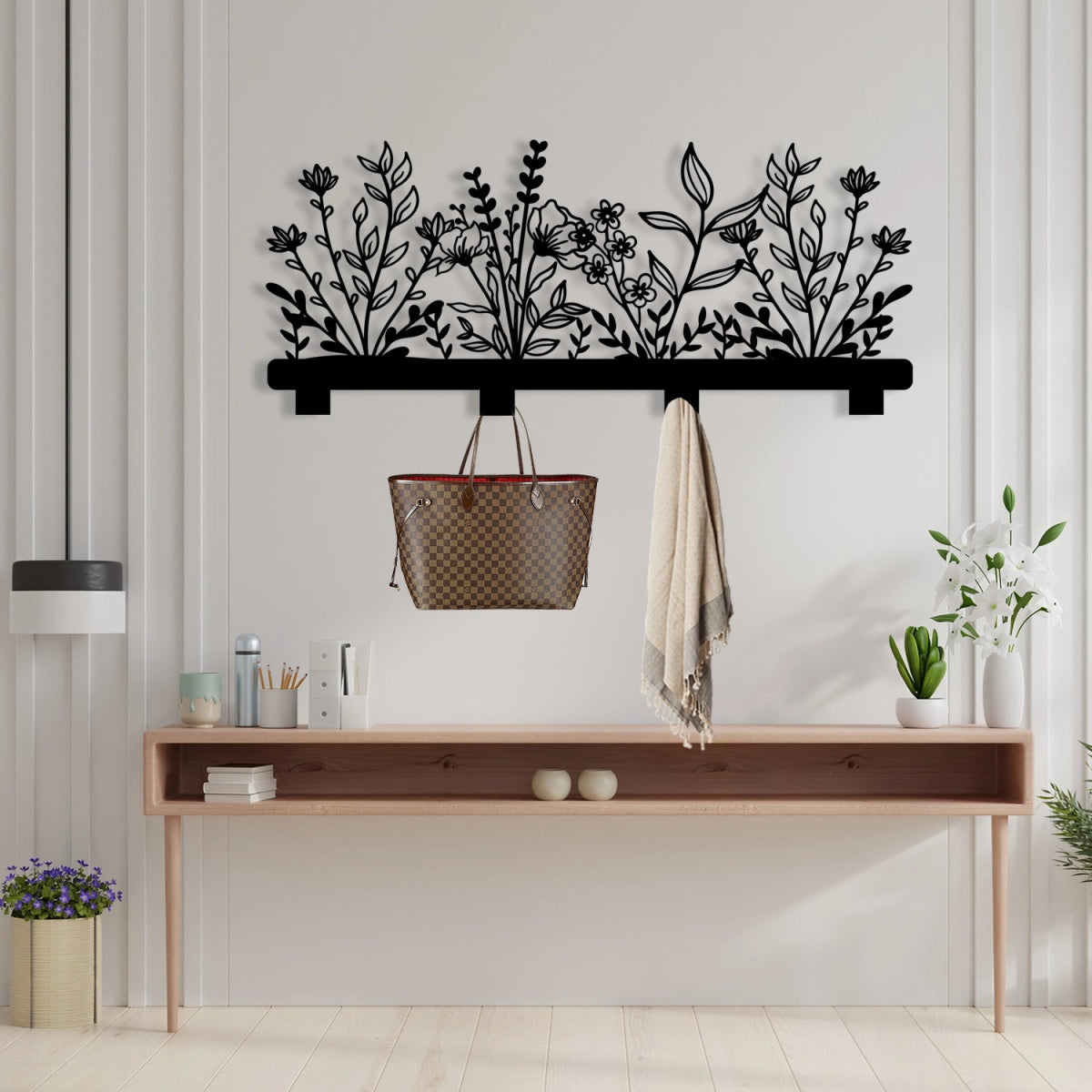 Floral Elegance Metal Wall Coat Rack - BrossHome Metal Wall Art