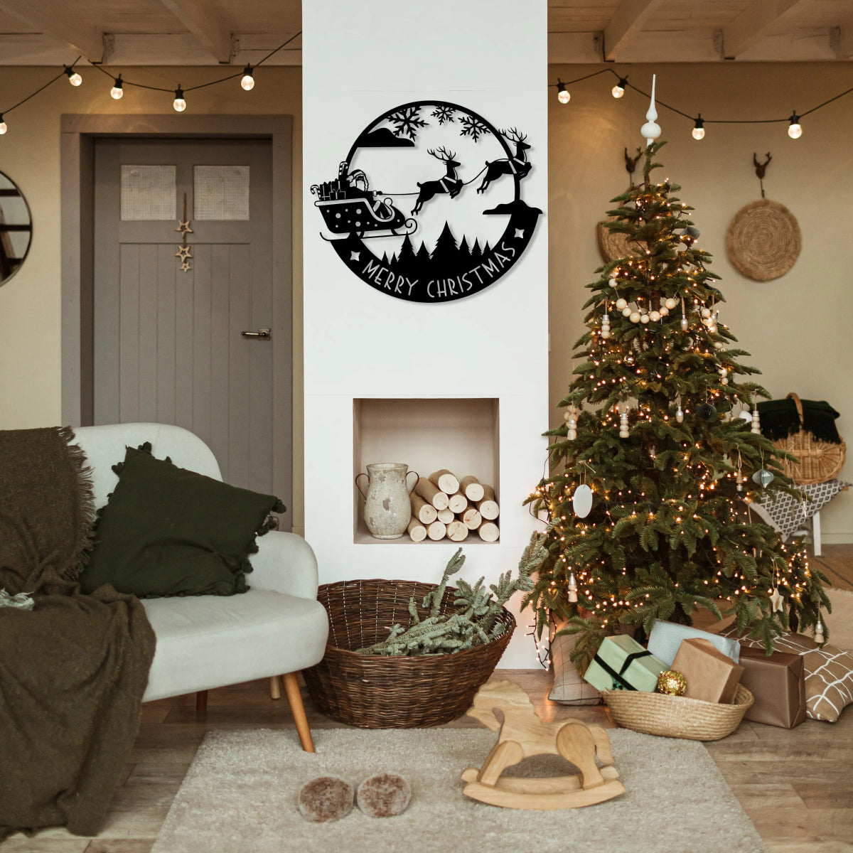 Merry Christmas Metal Wall Art - Santa Riding Sleigh Decor - BrossHome Metal Wall Art