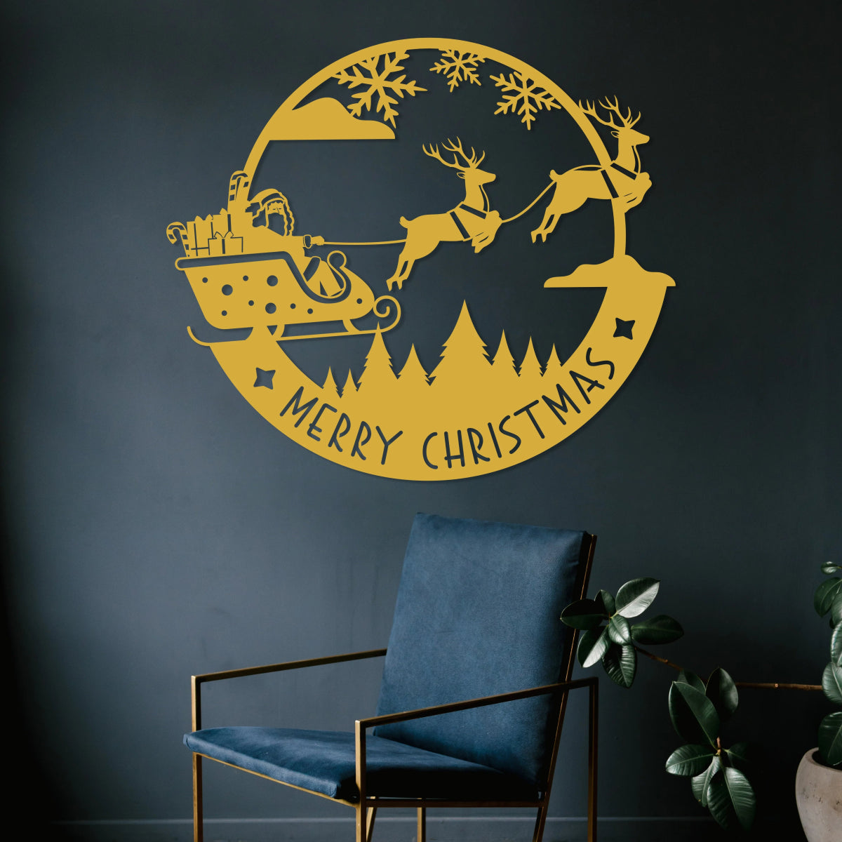 Merry Christmas Metal Wall Art - Santa Riding Sleigh Decor - BrossHome Metal Wall Art