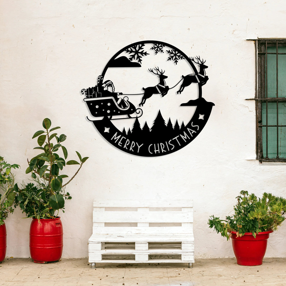 Merry Christmas Metal Wall Art - Santa Riding Sleigh Decor - BrossHome Metal Wall Art
