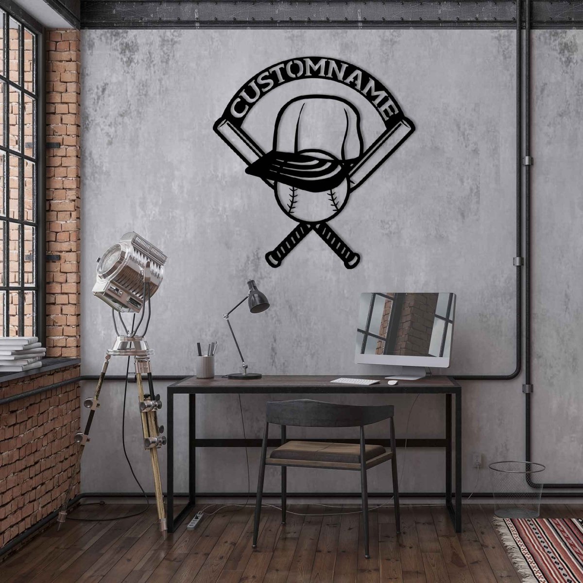 Metal Baseball Wall Sign with Bat, Ball, Cap - BrossHome Metal Wall Art