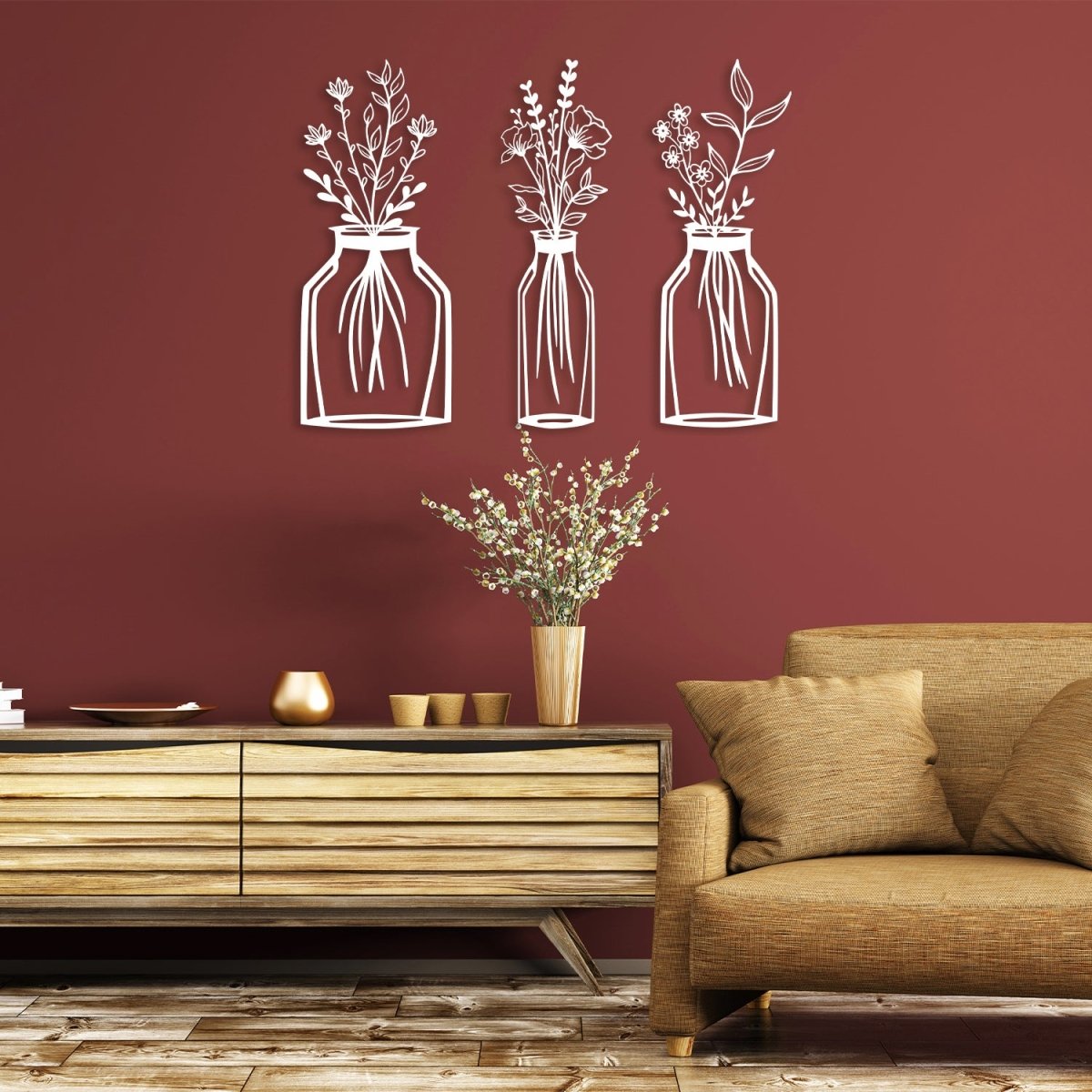 Metal Flower Vase Wall Art (3 pieces) - BrossHome Metal Wall Art