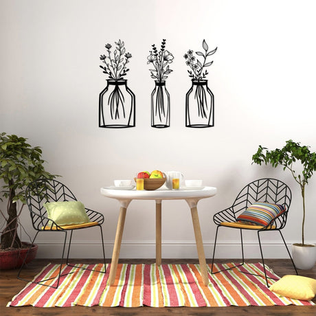 Metal Flower Vase Wall Art (3 pieces) - BrossHome Metal Wall Art