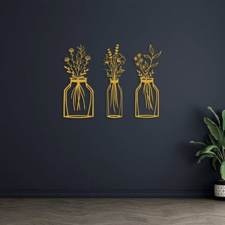 Metal Flower Vase Wall Art (3 pieces) - BrossHome Metal Wall Art