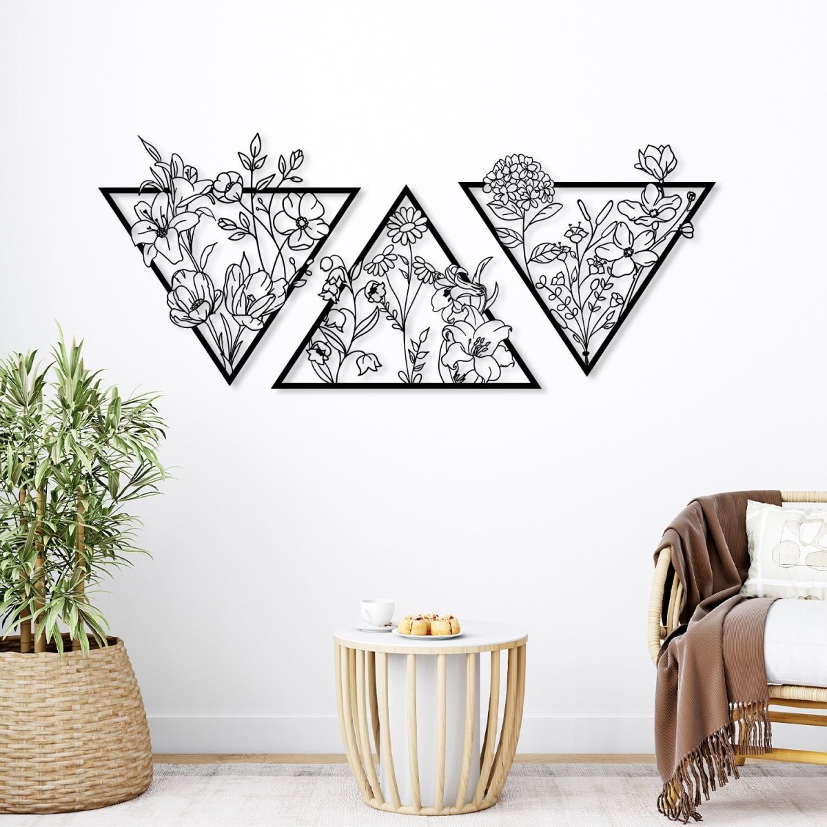 Metal Flower Wall Art in a Large Triangle Frame (Set of 3) - BrossHome Metal Wall Art