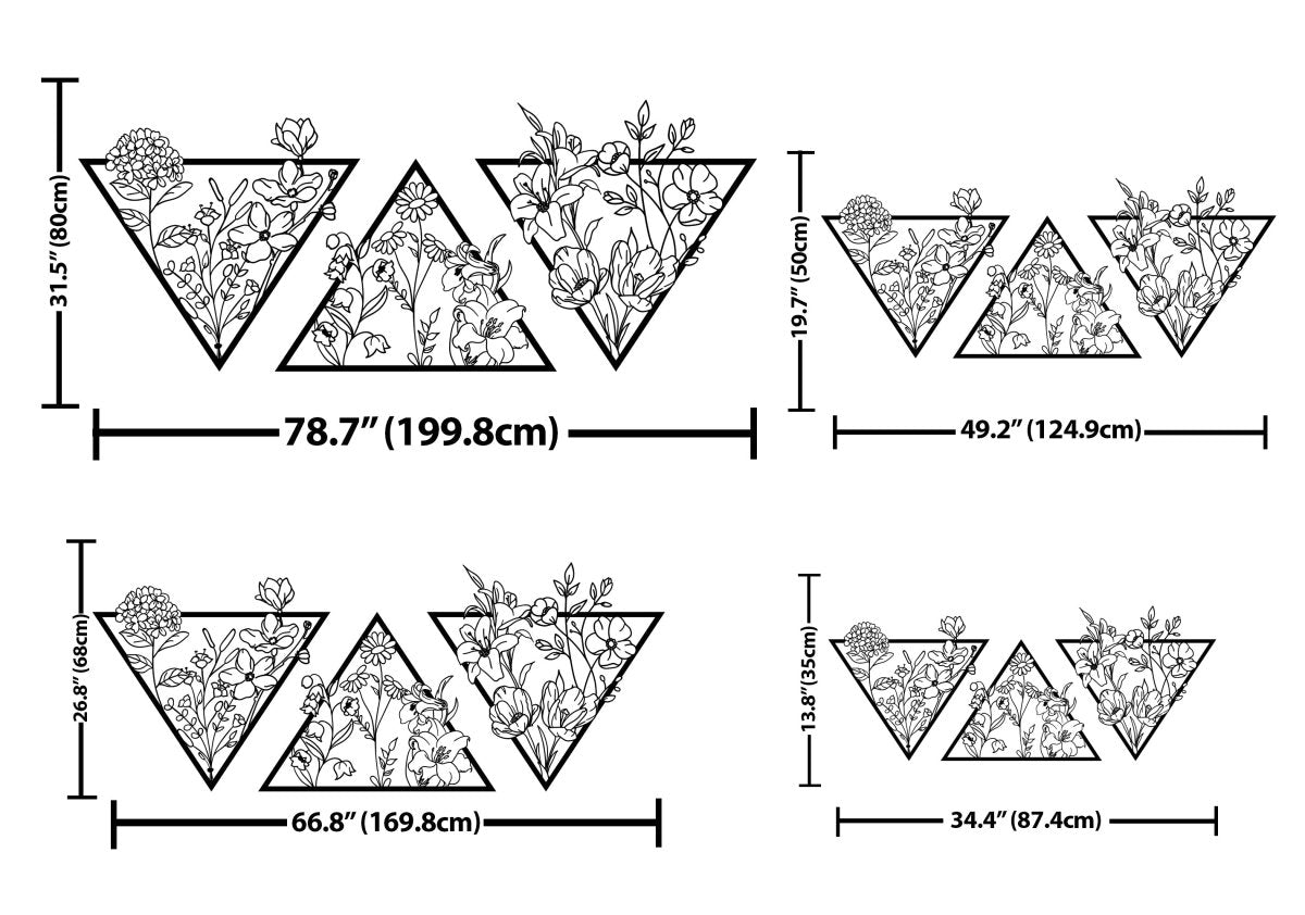 Metal Flower Wall Art in a Large Triangle Frame (Set of 3) - BrossHome Metal Wall Art