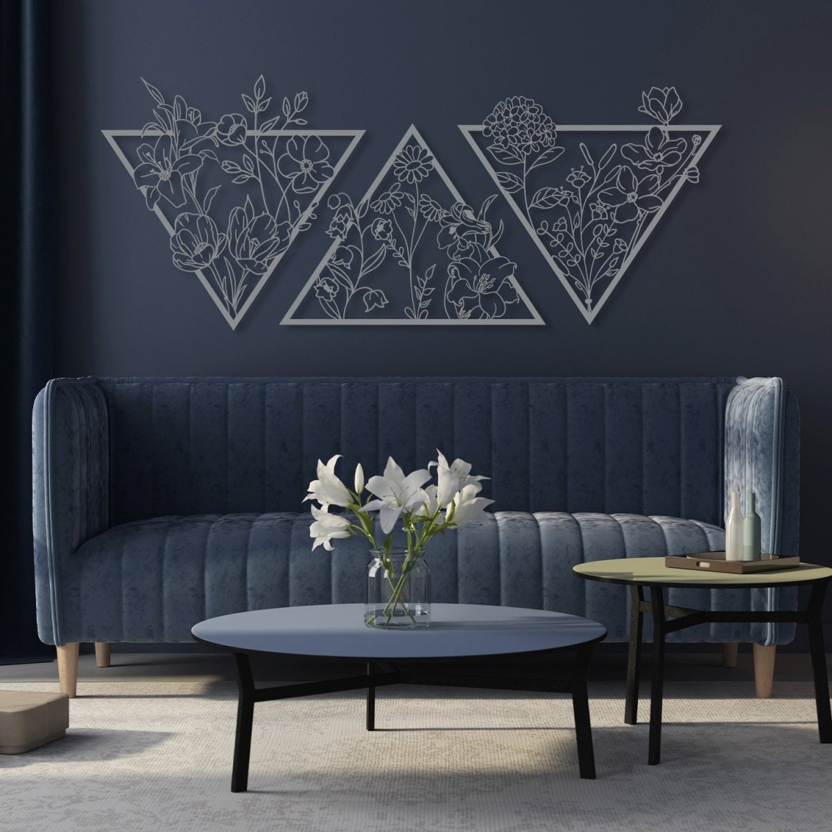 Metal Flower Wall Art in a Large Triangle Frame (Set of 3) - BrossHome Metal Wall Art