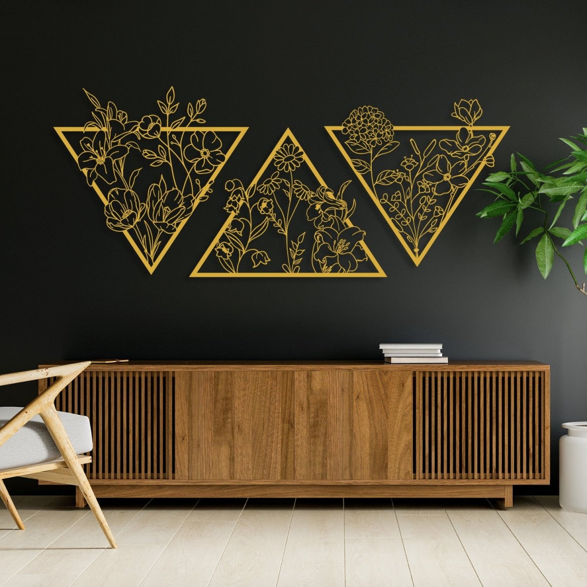 Metal Flower Wall Art in a Large Triangle Frame (Set of 3) - BrossHome Metal Wall Art