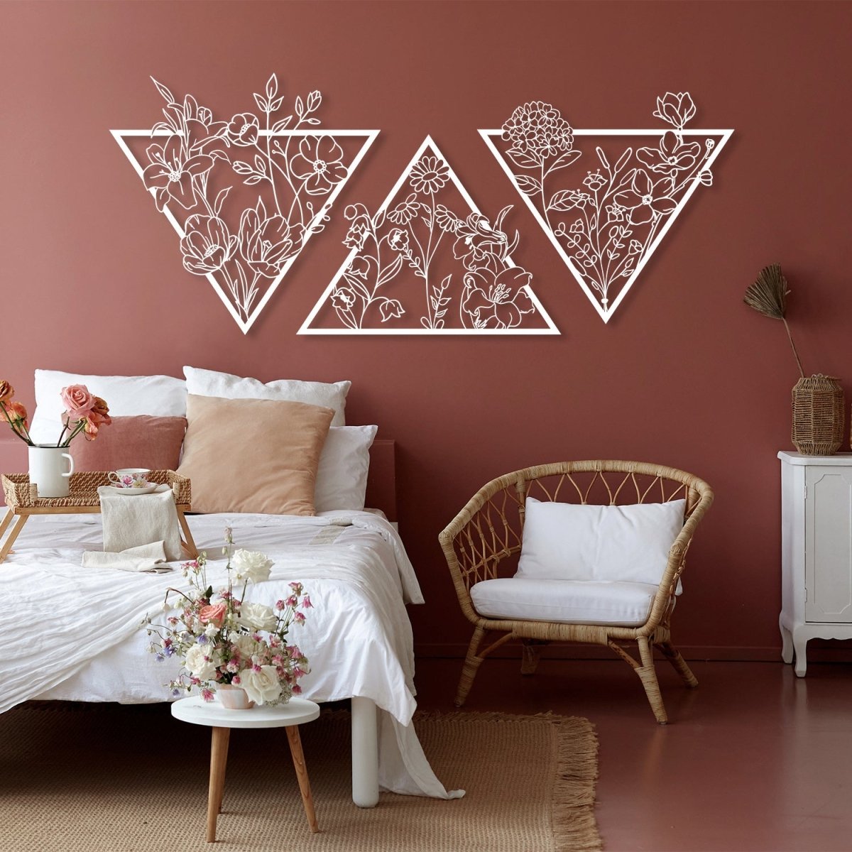 Metal Flower Wall Art in a Large Triangle Frame (Set of 3) - BrossHome Metal Wall Art