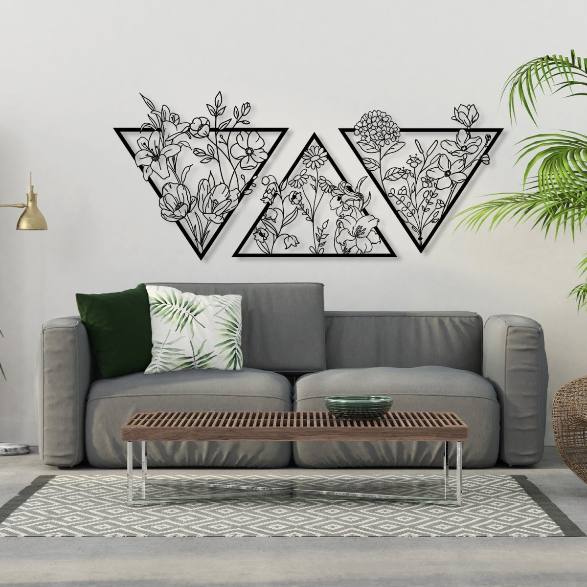 Metal Flower Wall Art in a Large Triangle Frame (Set of 3) - BrossHome Metal Wall Art