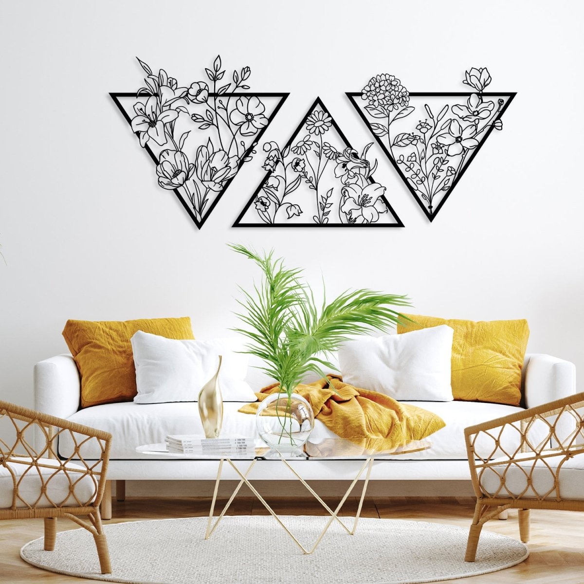 Metal Flower Wall Art in a Large Triangle Frame (Set of 3) - BrossHome Metal Wall Art