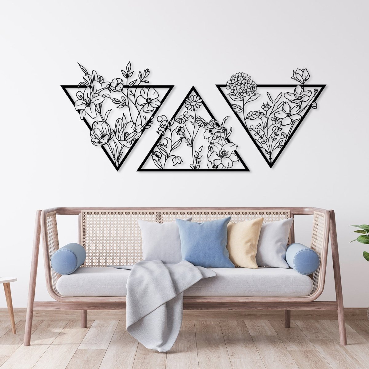 Metal Flower Wall Art in a Large Triangle Frame (Set of 3) - BrossHome Metal Wall Art