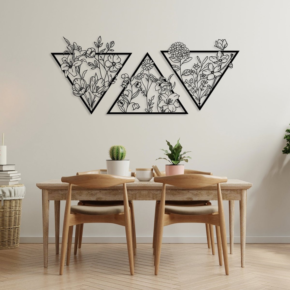 Metal Flower Wall Art in a Large Triangle Frame (Set of 3) - BrossHome Metal Wall Art