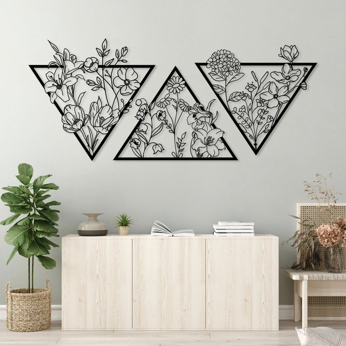 Metal Flower Wall Art in a Large Triangle Frame (Set of 3) - BrossHome Metal Wall Art