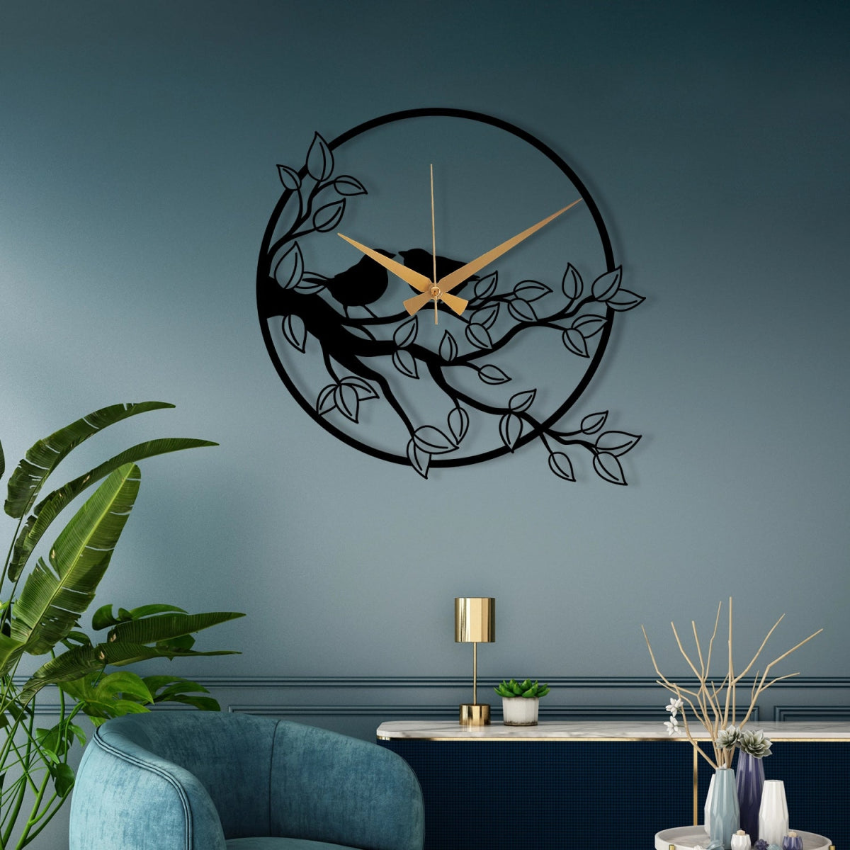 METAL WALL CLOCK WITH BRANCH DETAILED - BrossHome Metal Wall Art