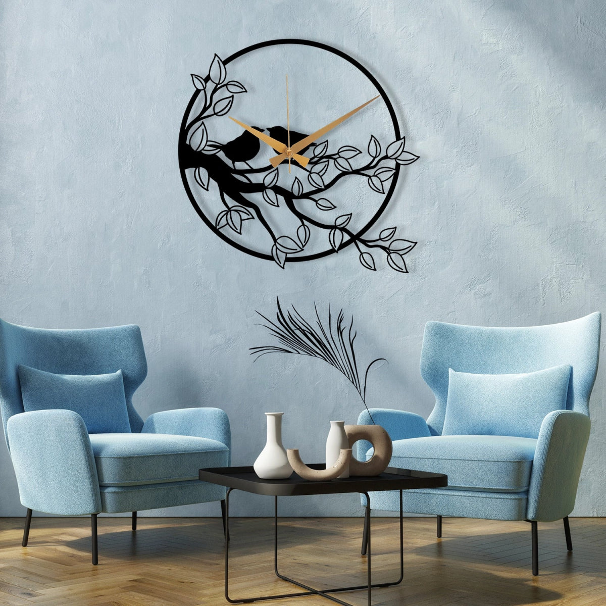 METAL WALL CLOCK WITH BRANCH DETAILED - BrossHome Metal Wall Art