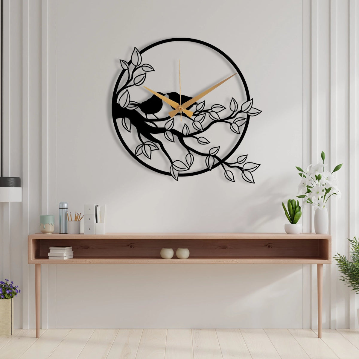 METAL WALL CLOCK WITH BRANCH DETAILED - BrossHome Metal Wall Art