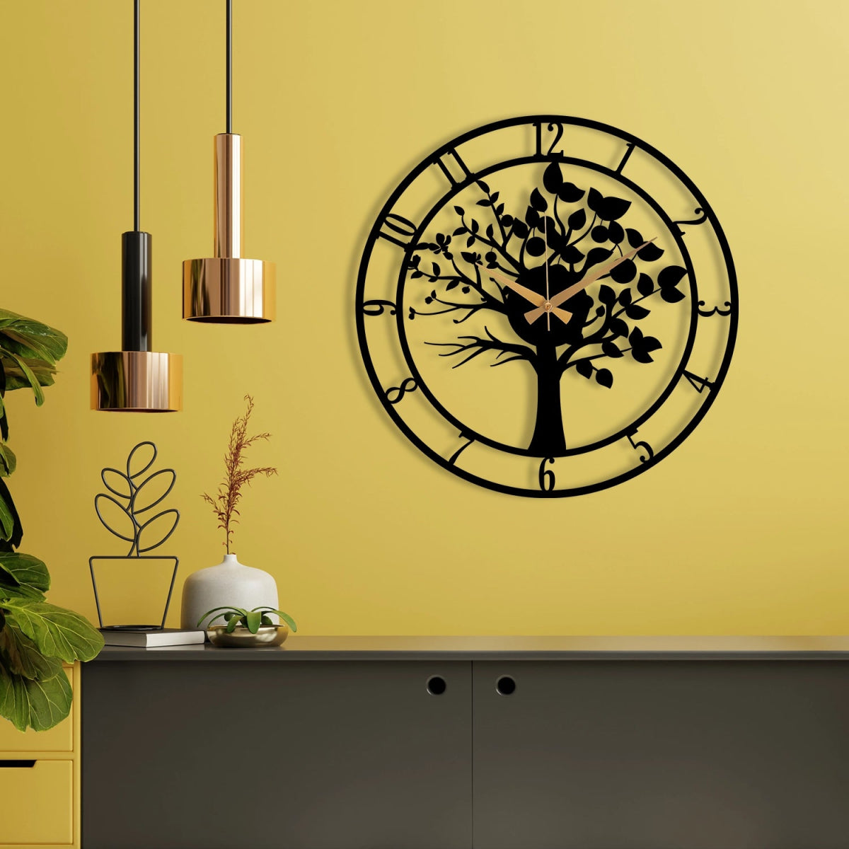 METAL WALL CLOCK WITH TREE DETAIL - BrossHome Metal Wall Art