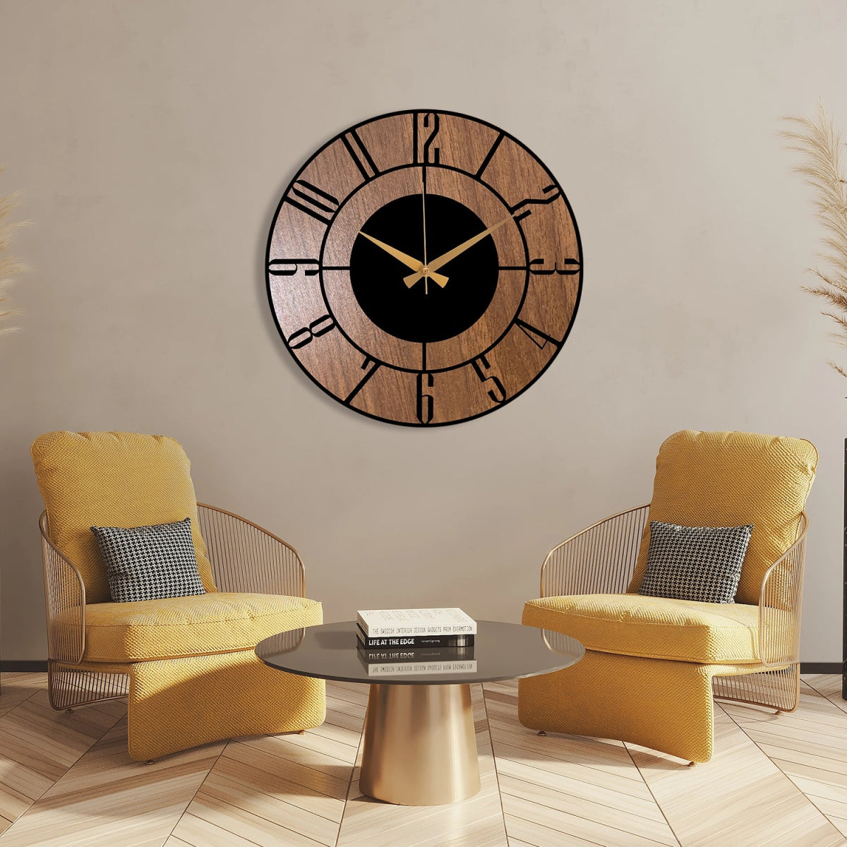 METAL WALL CLOCK WITH WOODEN BACKGROUND - BrossHome Metal Wall Art