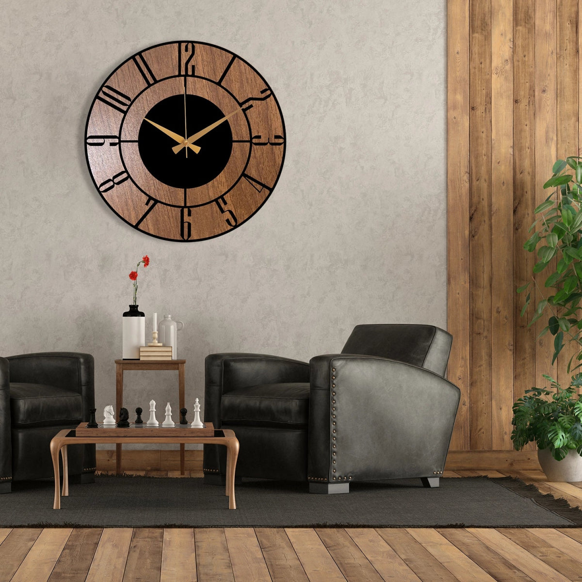 METAL WALL CLOCK WITH WOODEN BACKGROUND - BrossHome Metal Wall Art