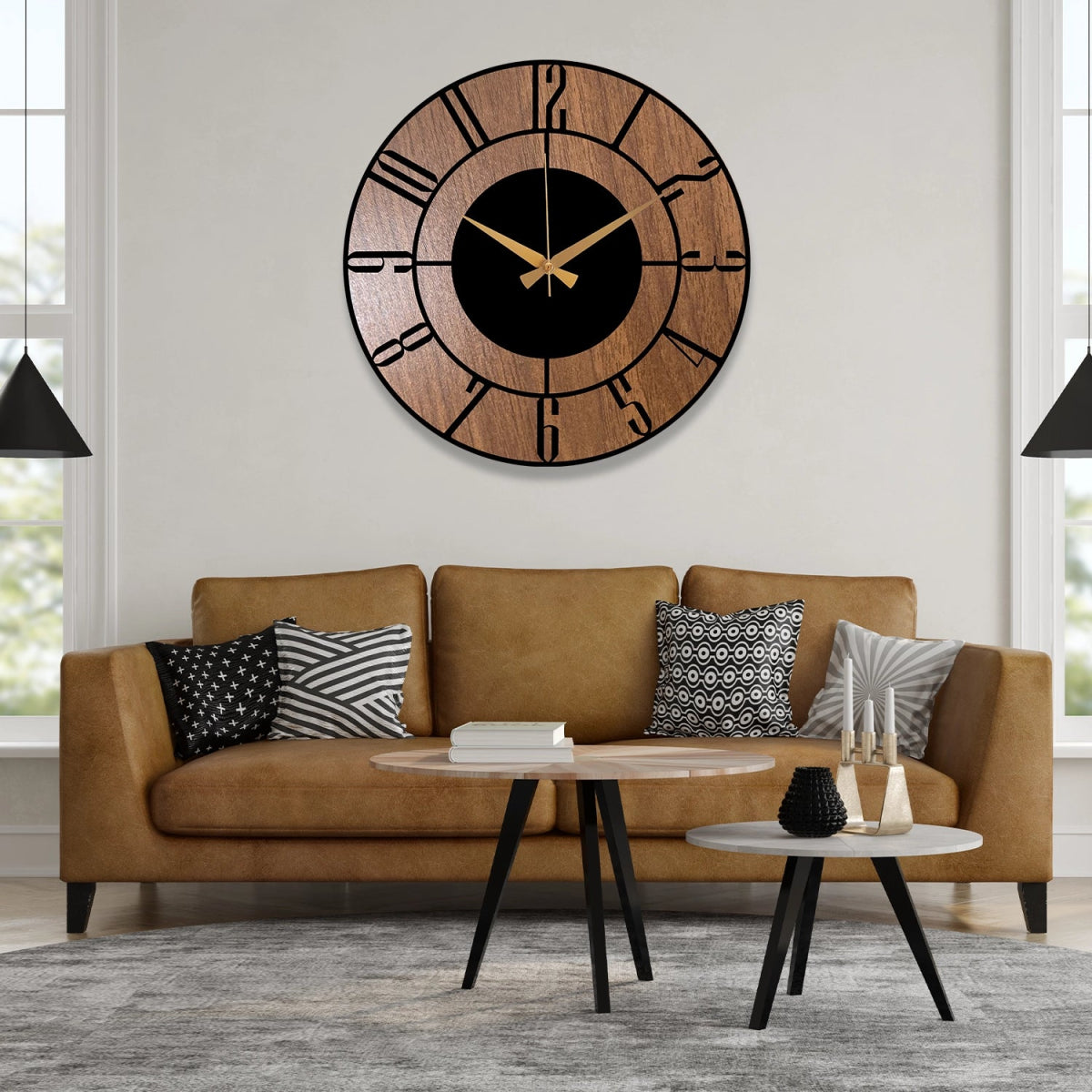 METAL WALL CLOCK WITH WOODEN BACKGROUND - BrossHome Metal Wall Art