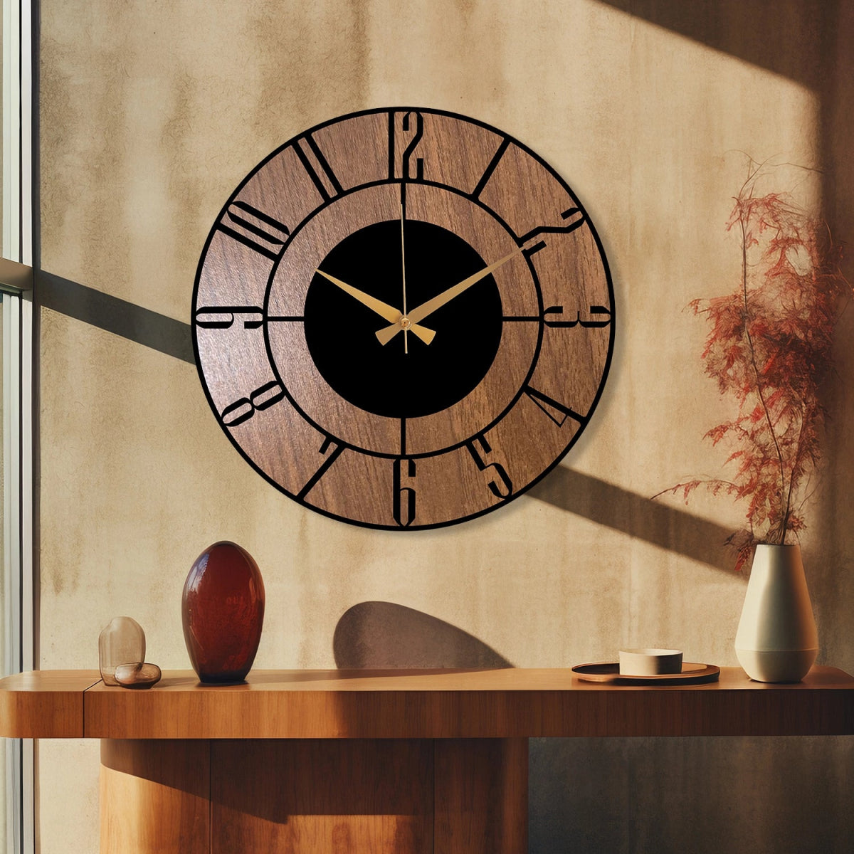 METAL WALL CLOCK WITH WOODEN BACKGROUND - BrossHome Metal Wall Art