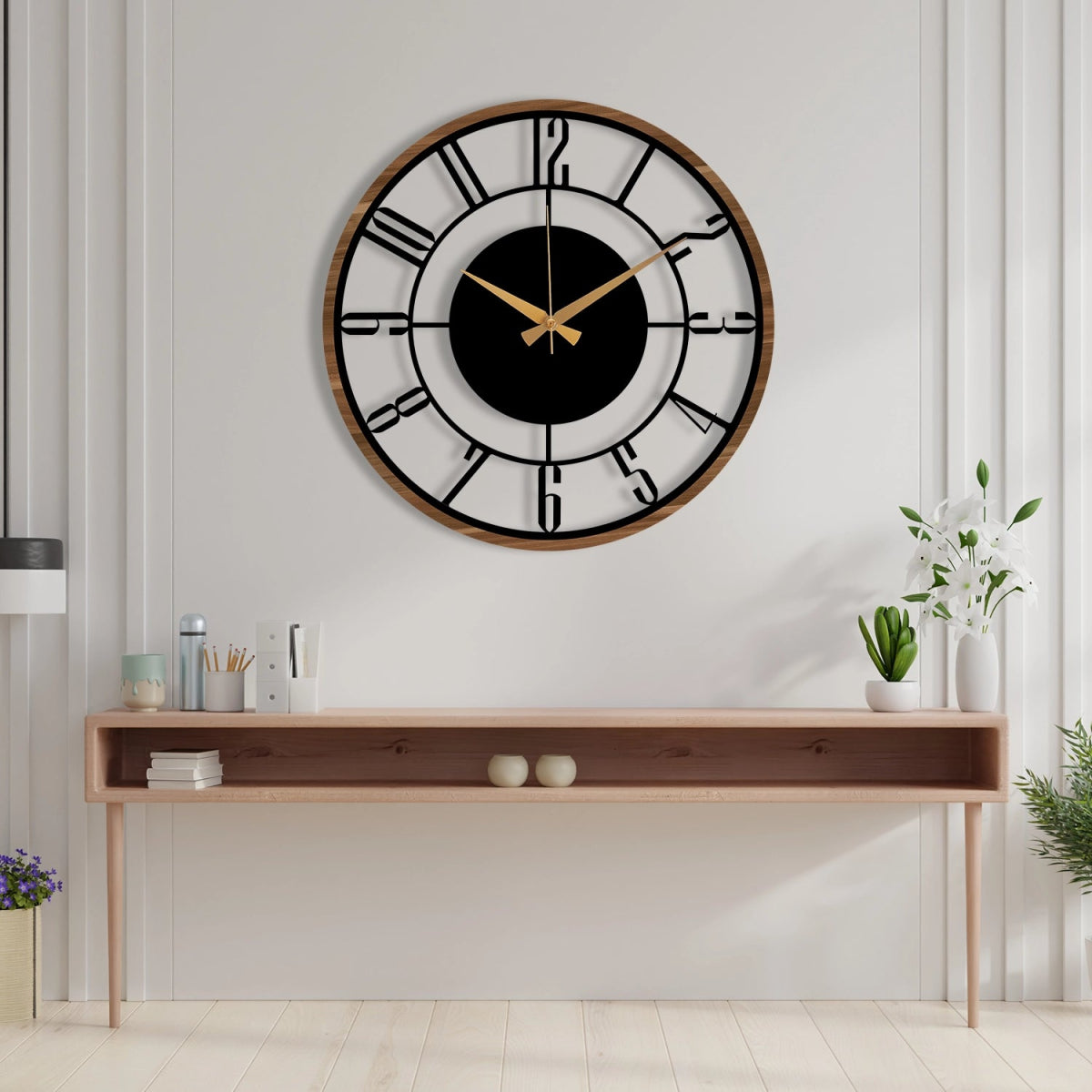 METAL WALL CLOCK with Wooden Corners - BrossHome Metal Wall Art