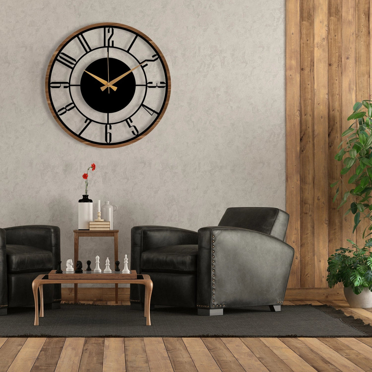 METAL WALL CLOCK with Wooden Corners - BrossHome Metal Wall Art