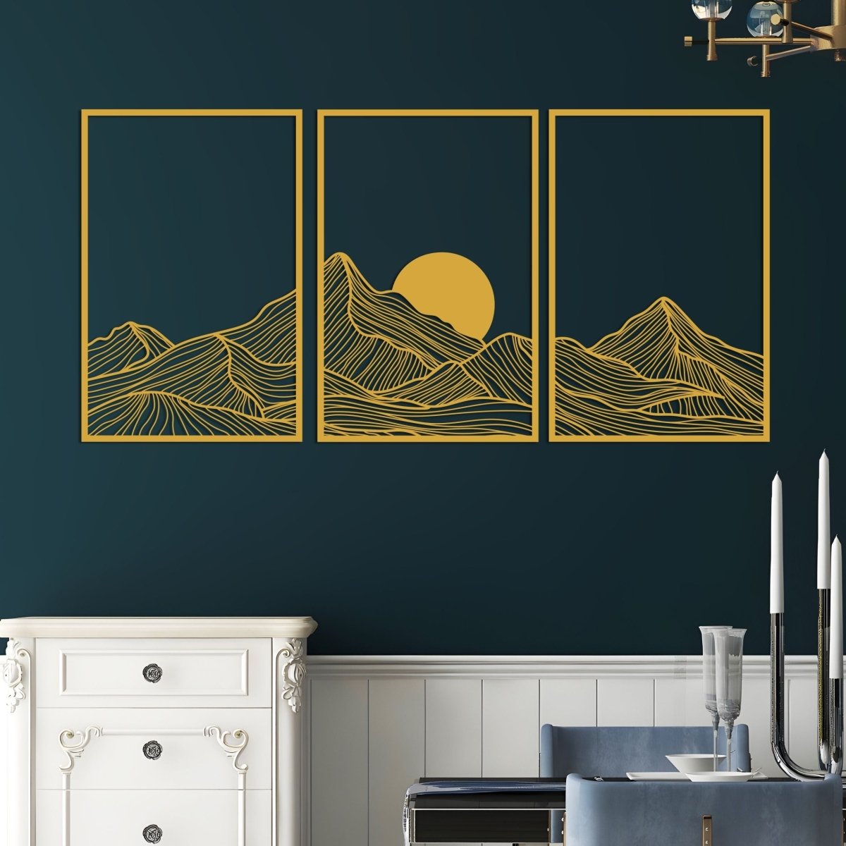 Minimalist Mountain & Golden Sun Metal Wall Art (Set of 3) - BrossHome Metal Wall Art